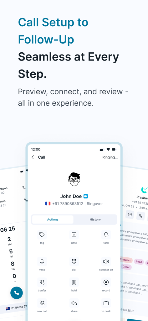Ringover - Ringover mobile app call interface displaying features like call tagging note taking and call recording