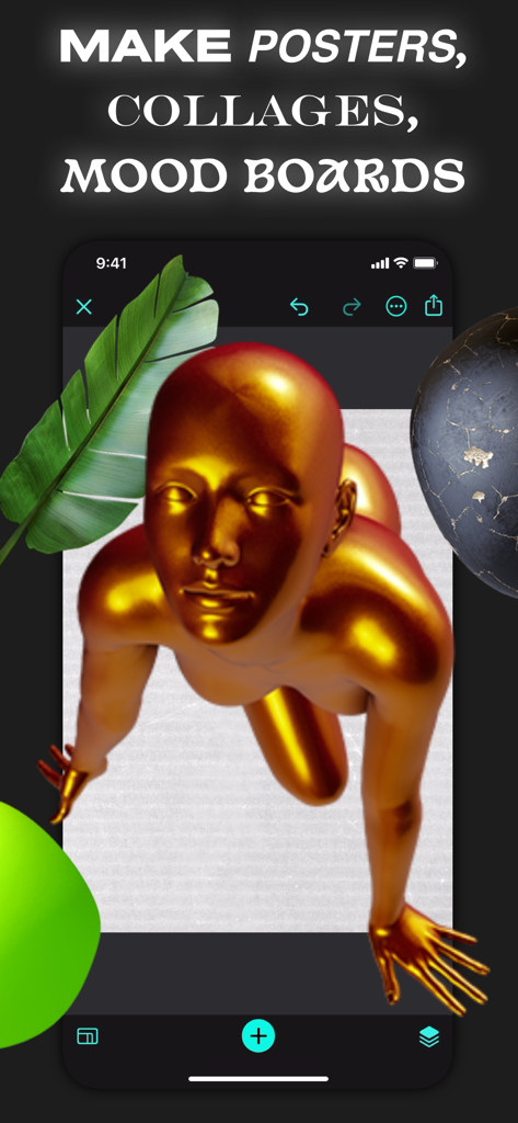 Uno screenshot dell'interfaccia dell'app R4VE per la creazione di poster e collage aesthetic con una figura 3D dorata