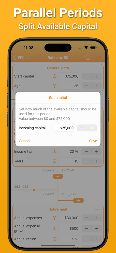 A mobile screen showing the FFCalc app interface for splitting available capital across parallel investment periods.