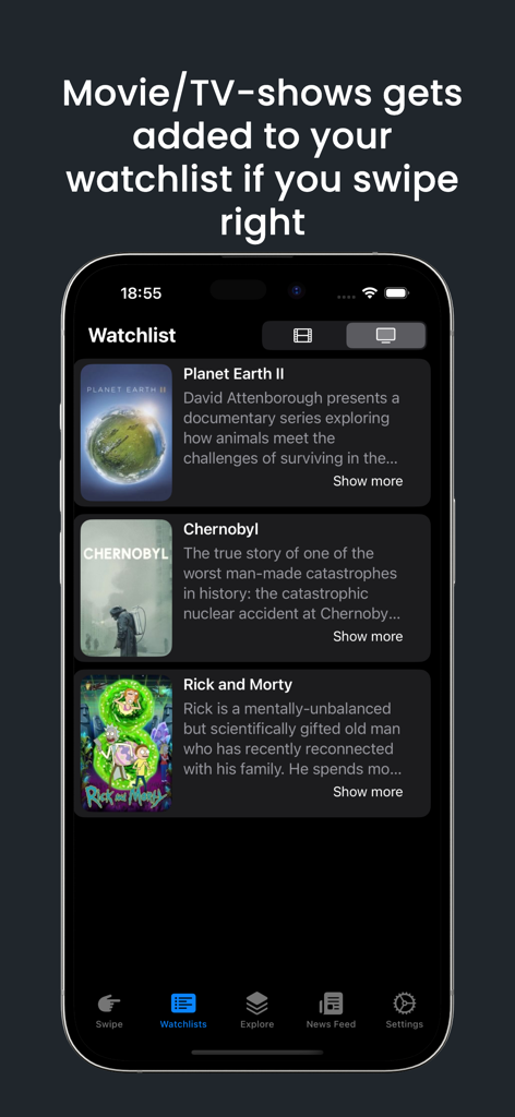 SwipeFlix - Explore New movies - A interface do aplicativo SwipeFlix exibindo uma lista de observação selecionada de filmes e programas de TV como Planet Earth e Chernobyl