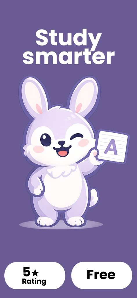 Laxu AI: Quiz & Flashcards - A cute white bunny mascot holding a flashcard under the text Study Smarter for the Laxu AI app.