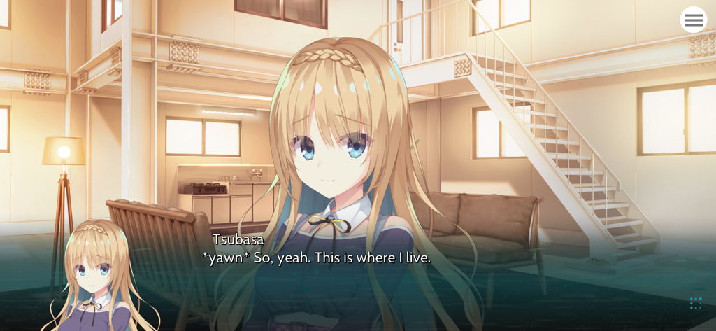 PARQUET - Anime character Tsubasa showing her living room in the visual novel PARQUET