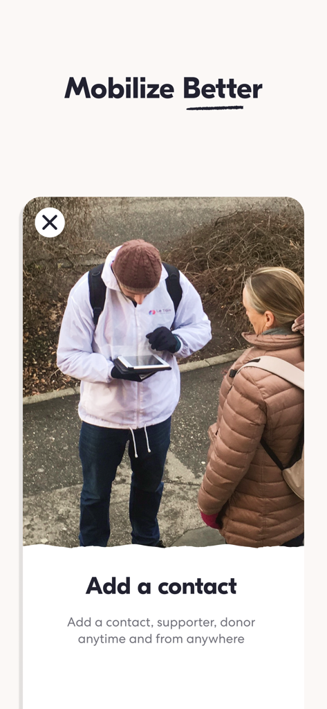 Qomon - Campaign, Volunteer - A volunteer using the Qomon app to add a new supporter contact during field outreach.