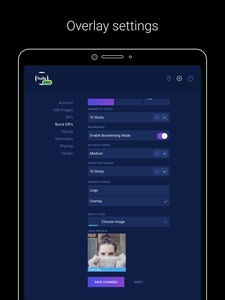 Darkroom Booth - Darkroom Booth iPad App-Oberfläche mit Einstellungen für Burst-GIFs und benutzerdefinierte Logo-Overlays
