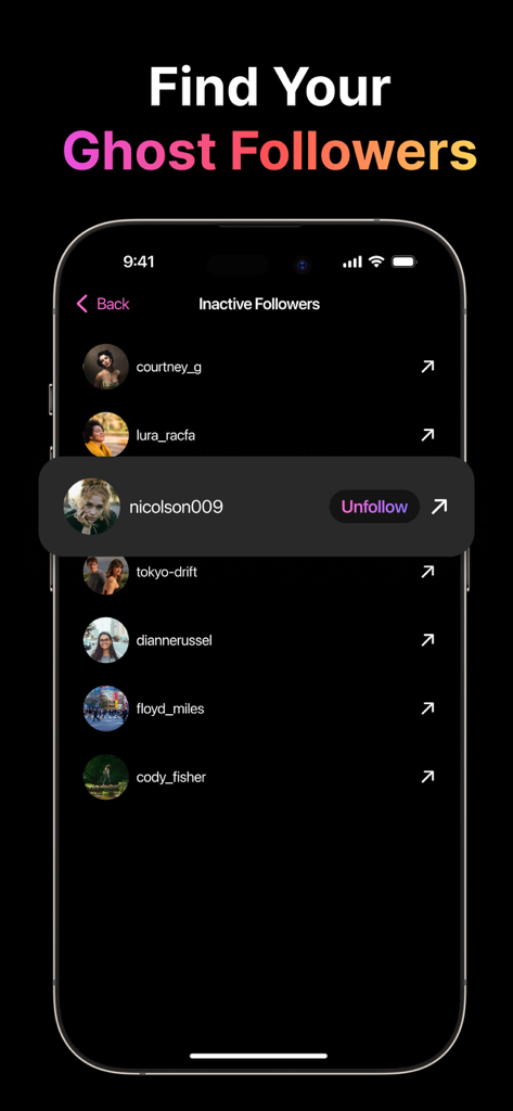 Unfollow Tracker & Reports - 언팔로우 버튼이 있는 비활성 인스타그램 팔로워 목록을 표시하는 모바일 앱 화면.