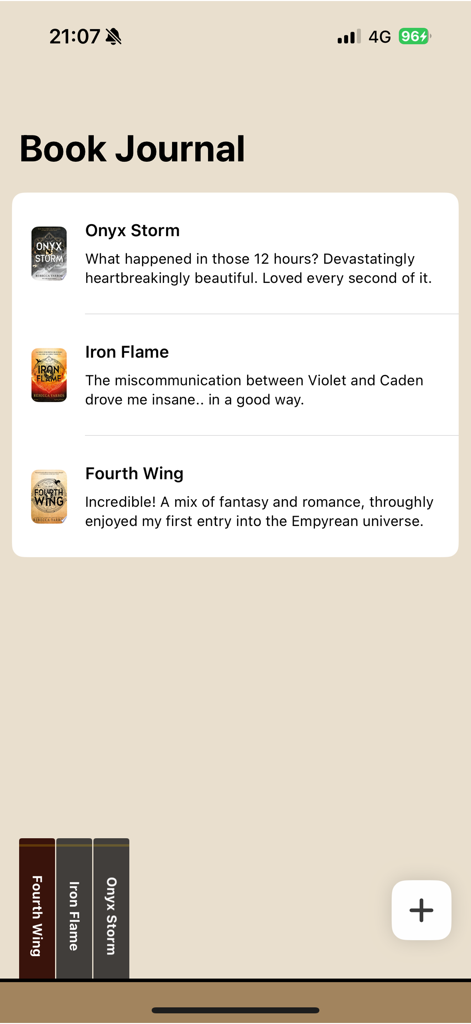 Book Journal - Minimalist reading tracker interface showing a list of book reviews and a digital bookshelf at the bottom of the screen