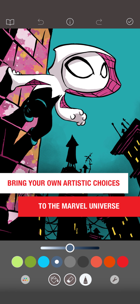 Spider Gwen coloring page interface in the Marvel app