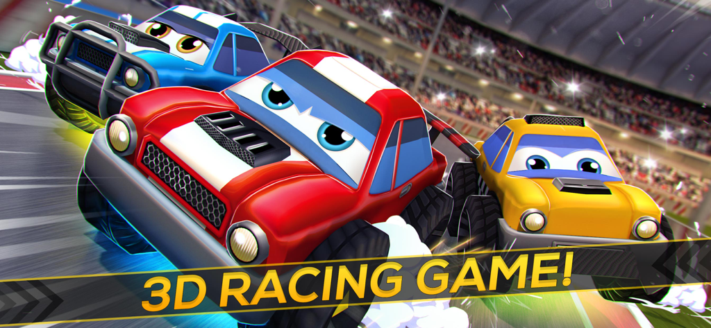 Lightning Racing Cars: Pursuit - Three anthropomorphic cartoon cars racing on a track in a 3D stadium