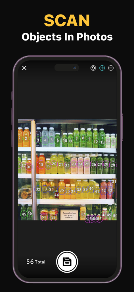 Count Things Ai Object Counter - La aplicación Count Things AI escaneando y numerando botellas en un estante de tienda para la gestión de inventario
