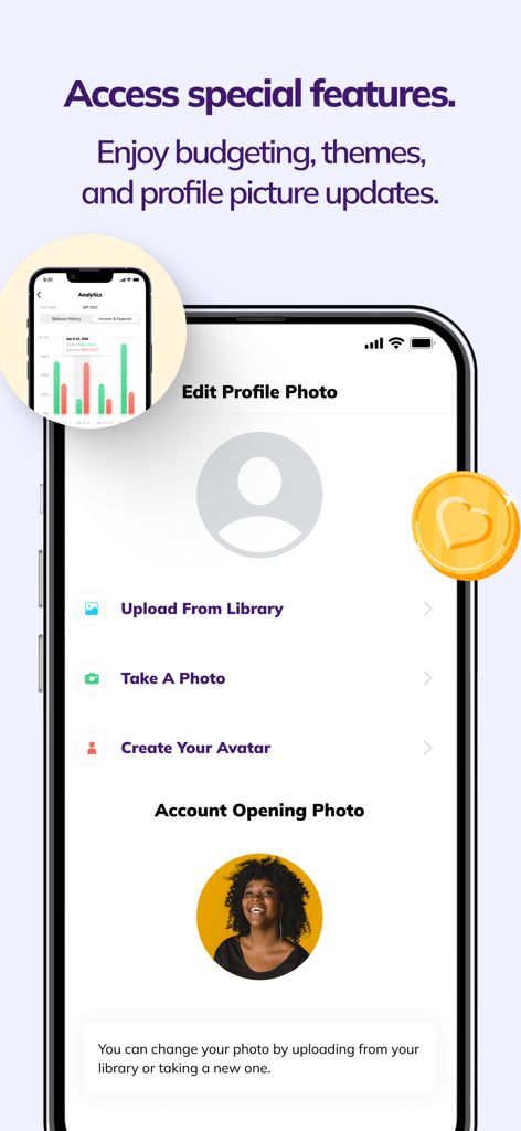 A mobile interface for the Kuda app showing options to edit a profile photo and access special features like budgeting and themes.