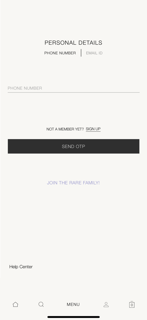 HOUSE OF RARE - HOUSE OF RARE mobile app login and signup screen for phone number verification