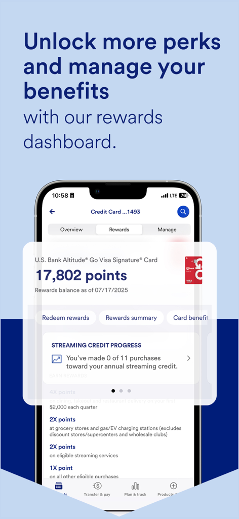 Smartphone displaying the U.S. Bank mobile app rewards dashboard with credit card points balance.