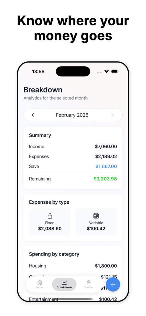 Budget App - TapSheet - TapSheet app screenshot showing a monthly financial summary including income, expenses, and remaining budget.