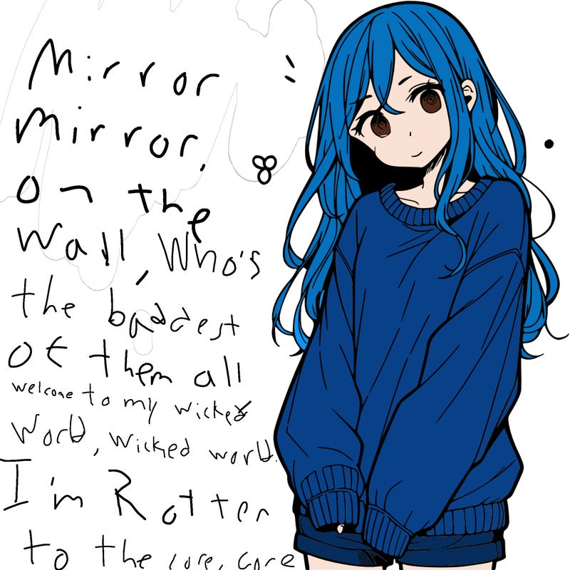 manga teen girl  in a sweater and baggy pants