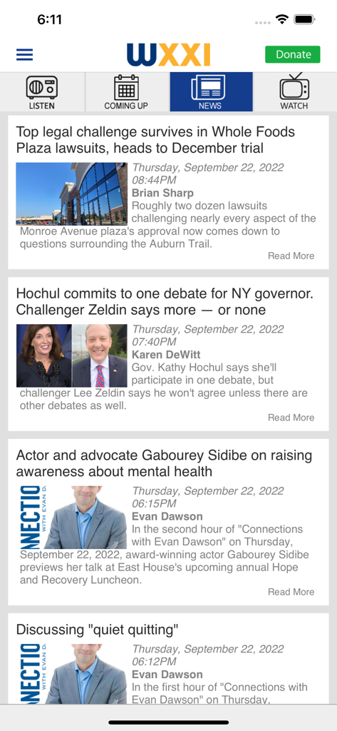 WXXI Public Media App - Screenshot of the WXXI Public Media App showing a list of local Rochester news articles under the News tab.