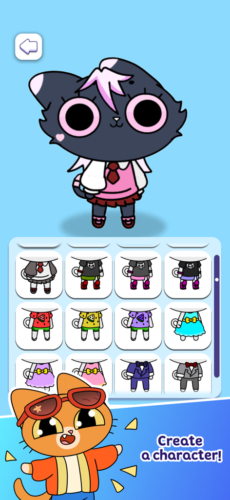 Simba Clicker - Tela de personalização de personagem em Simba Clicker mostrando um avatar de gato e várias opções de roupas