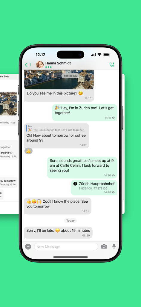 A screenshot of the Threema messenger app showing an end-to-end encrypted chat with text, images, and location sharing on an iPhone.