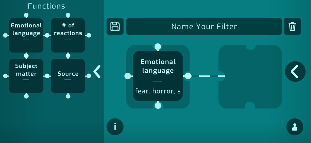 Chicken Intelligence Agency - A interface de criação de filtro de mídia na Agência de Inteligência de Frango apresentando linguagem emocional e blocos de assuntos.