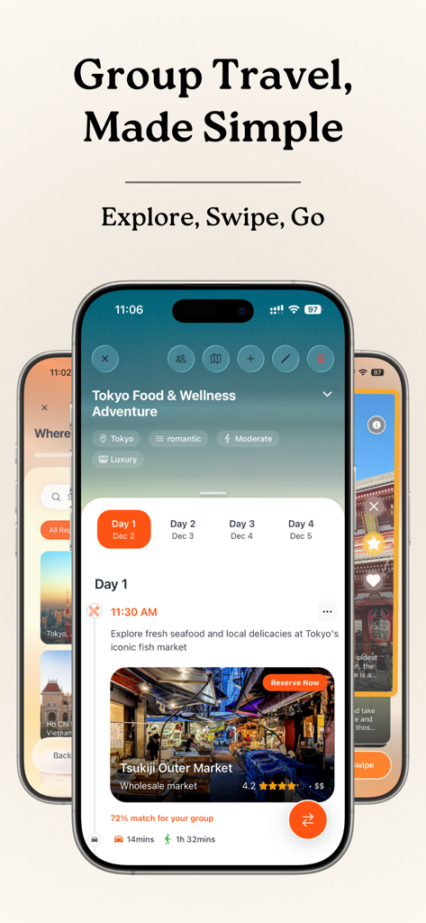 Roameo: Explore, Swipe, Go - A mobile screen showing the Roameo app with a day one travel itinerary for a group food and wellness adventure in Tokyo.
