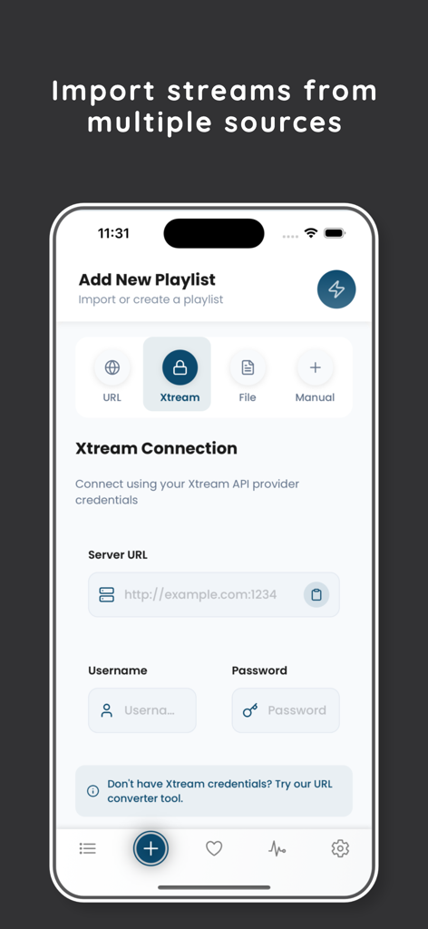 Darato Player - Darato Player app screen showing the Xtream API connection form to import a new IPTV playlist