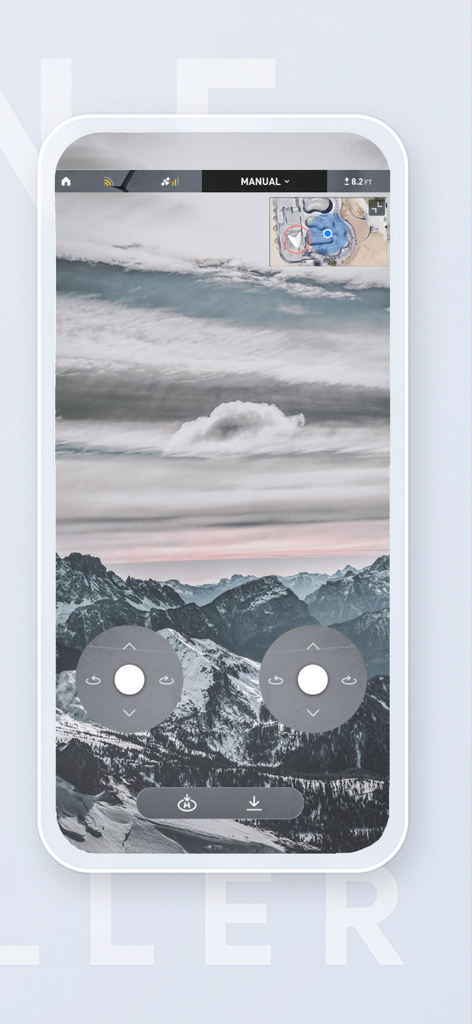 Go Fly Drone Remote Controller - Interfaz de la aplicación Go Fly Drone Remote Controller con una vista de cámara en vivo de montañas nevadas con joysticks de vuelo virtuales y una superposición de minimapa.
