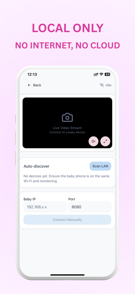 ZOYA Baby Monitor (Local Wifi) - Interface de l'application Babyphone ZOYA pour la connexion au réseau local et la configuration manuelle de l'adresse IP