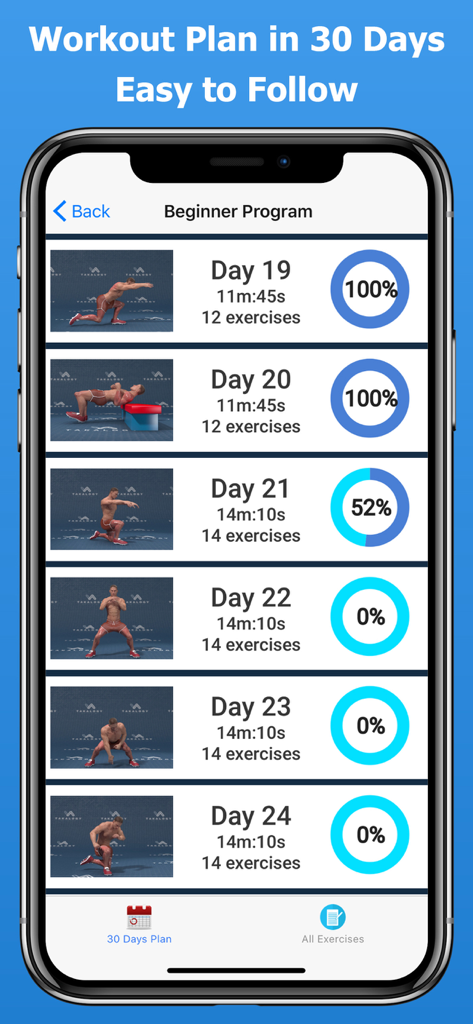 Legs Workout at Home app screen showing a 30 day beginner training plan with progress trackers and 3D exercise animations
