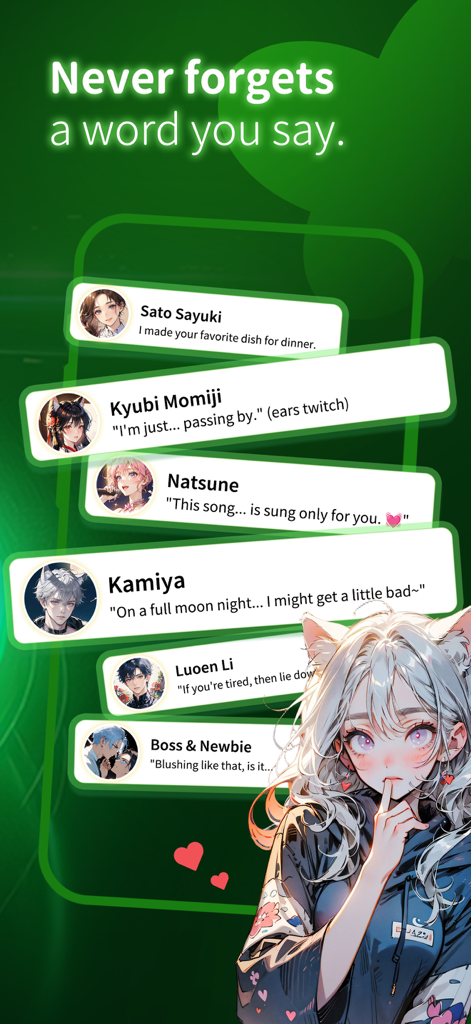 FLAI - The AI dreams of you - Captura de pantalla de la aplicación FLAI mostrando varios personajes IA de anime y la función de memoria de conversación