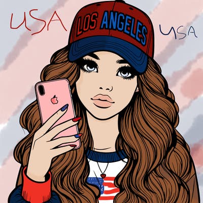 realistic beautiful girl wearing los ángeles cap holding an iphone