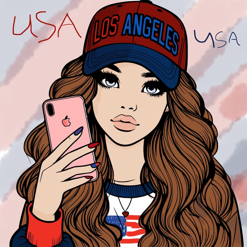 realistic beautiful girl wearing los ángeles cap holding an iphone
