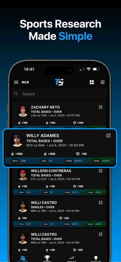 Toad Sports - Betting Research - 두꺼비 스포츠 모바일 앱 인터페이스가 MLB 선수 프로 분석 및 우위 백분율을 보여줍니다.