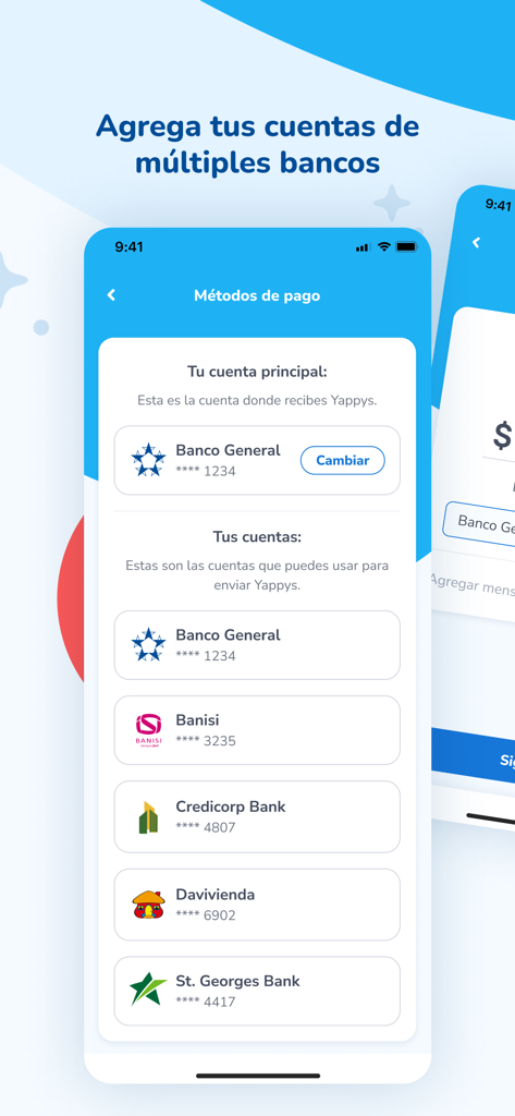 Yappy - Interfaz de la aplicación móvil Yappy mostrando la opción de agregar y administrar cuentas de múltiples bancos