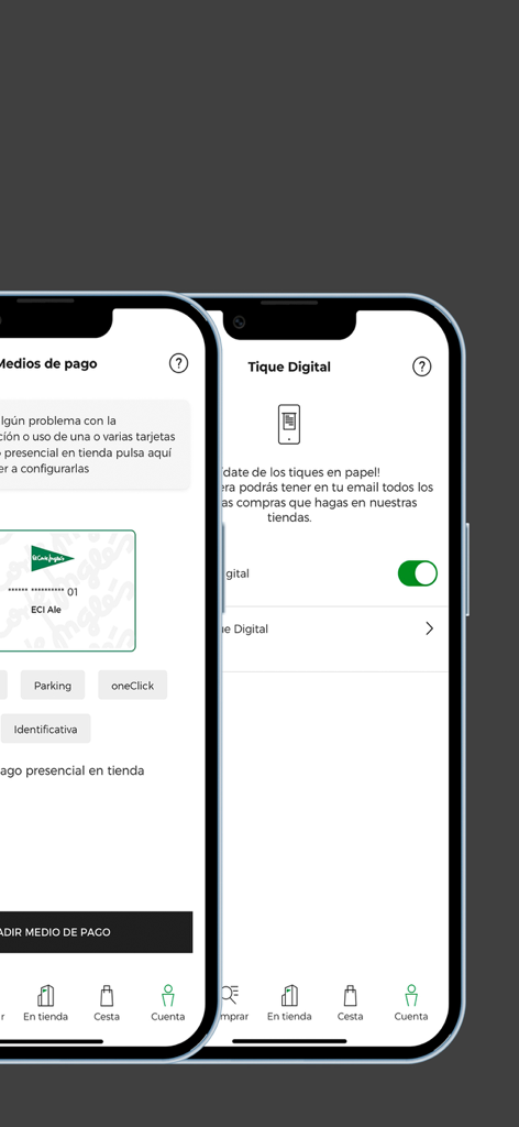 El Corte Inglés - Screenshots of the El Corte Ingles app showing payment methods and digital receipt options on mobile devices