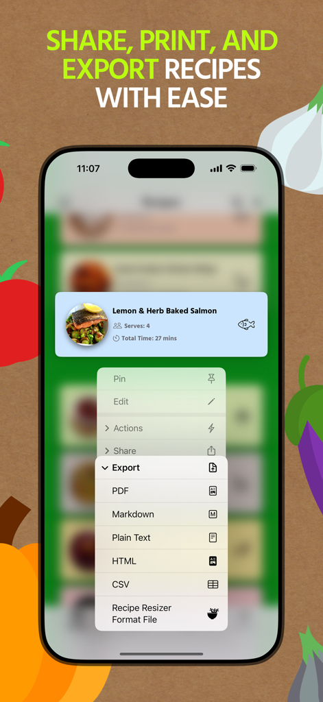 Menú que muestra opciones de exportación para formatos PDF, Markdown y CSV en la aplicación Recipe Resizer