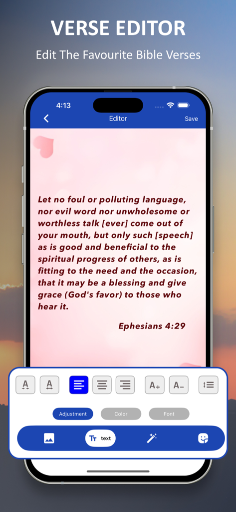 Mobile app screen showing the Verse Editor tool to customize and style Bible verses for sharing