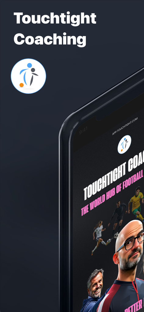 Touchtight Coaching mobile app home screen showing professional soccer training content