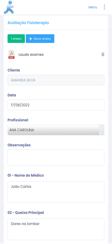 Digital physiotherapy evaluation form in the Fisioterapia Soft app showing patient details and clinical notes.