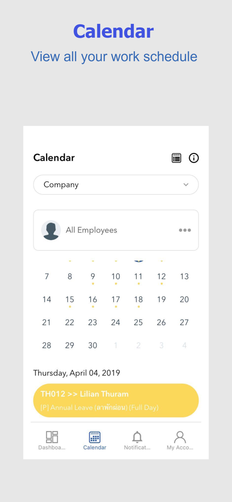 BIPO HRMS v2 mobile app calendar screen showing a monthly work schedule and employee annual leave