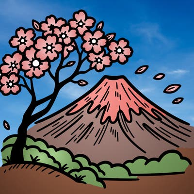 mount fuji with a cherry tree