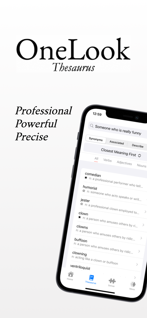 OneLook Thesaurus app interface showing word suggestions for someone who is really funny