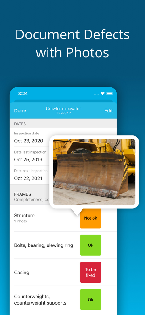 Heavy Equipment Inspection - Heavy equipment inspection app screen displaying a crawler excavator checklist and a photo of a defect.