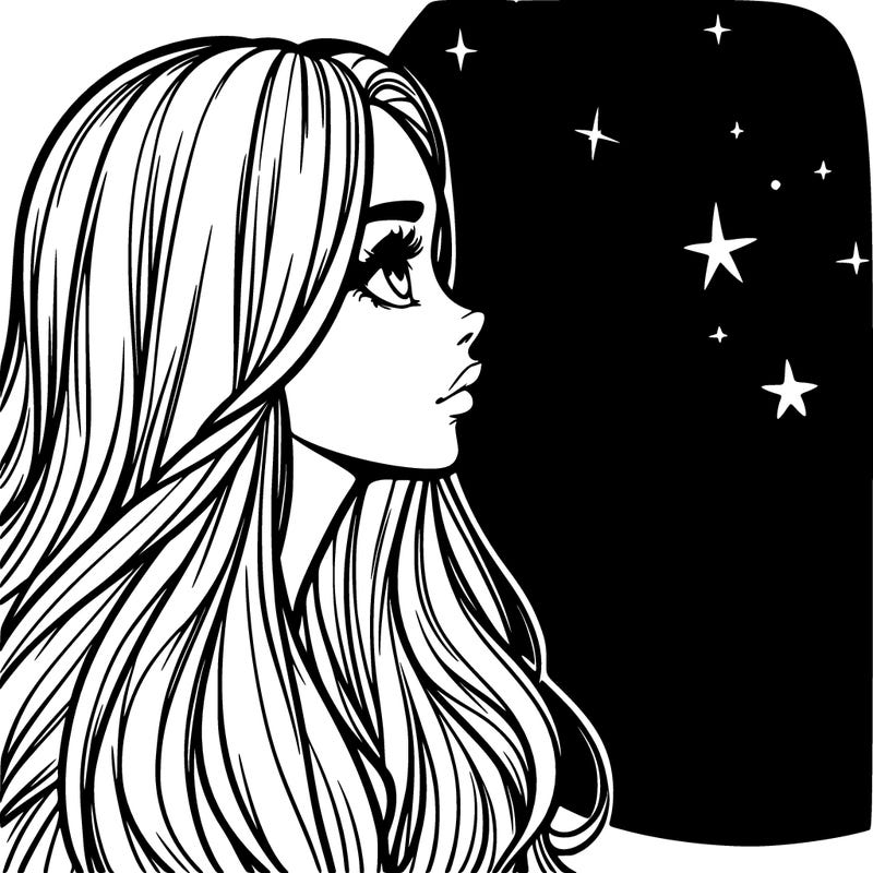 realistic woman long hair looking at stars in sky
