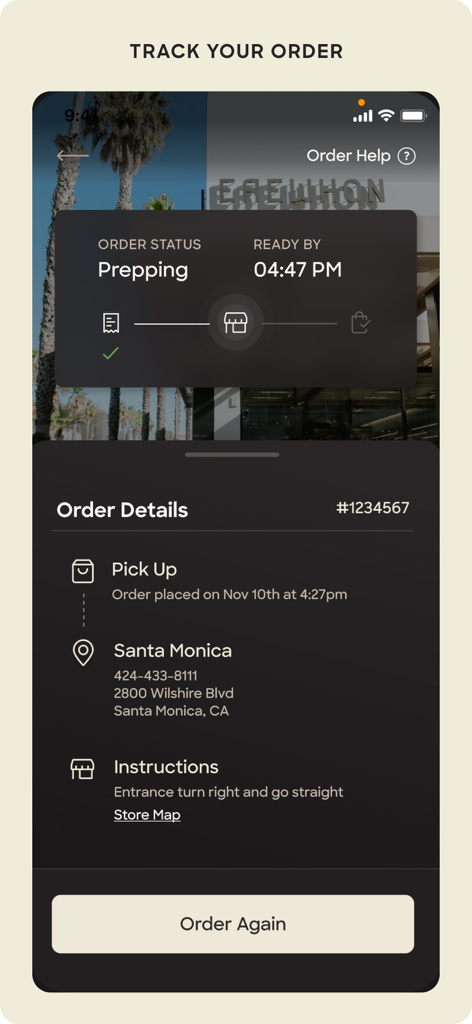 Erewhon - Interface de l'application mobile Erewhon pour suivre le statut d'une commande d'épicerie et les instructions de retrait.