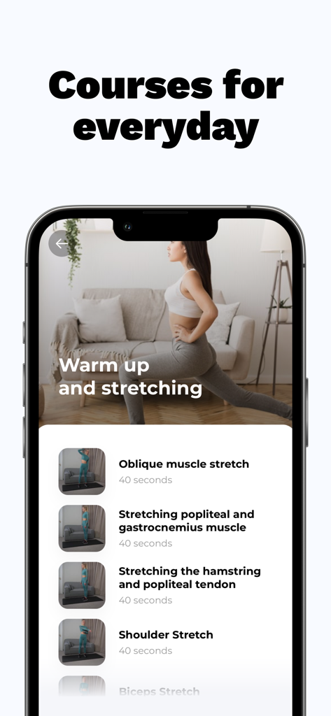 Weight Loss FREE of ads - FitMe app interface showing home workout stretching courses and exercise list
