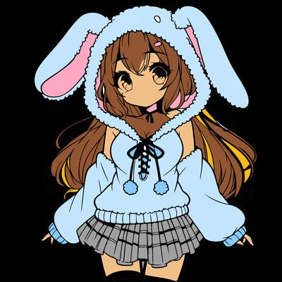 pretty anime girl wearing a fluffy hoodie with bunny ears on the hood and a skirt