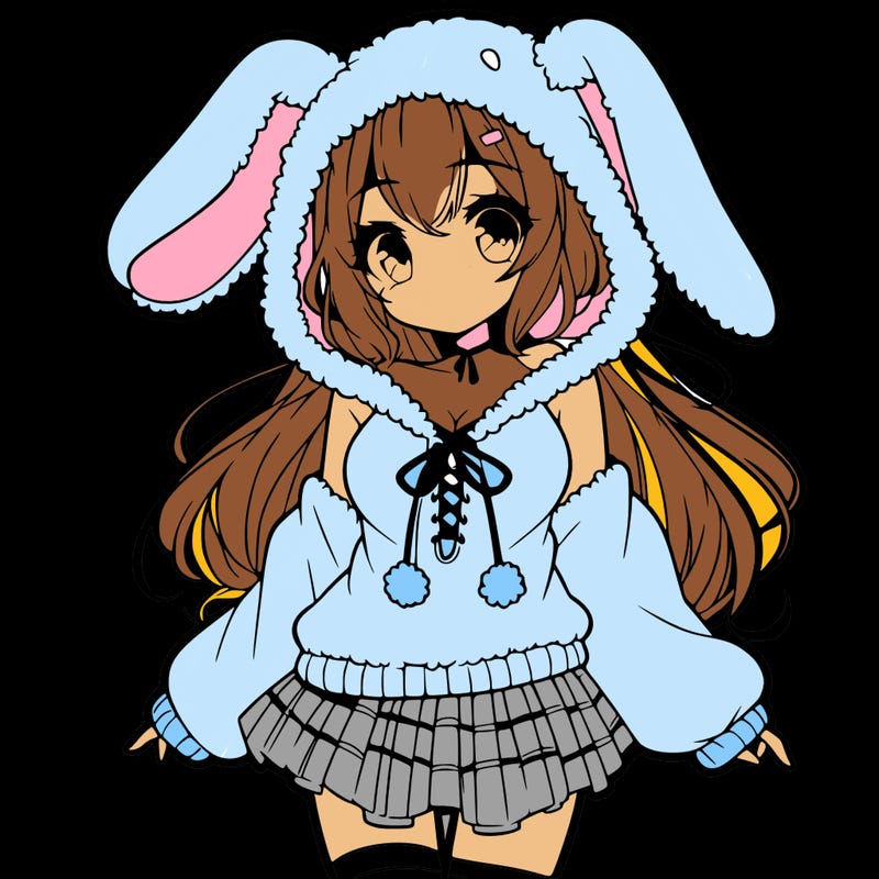 pretty anime girl wearing a fluffy hoodie with bunny ears on the hood and a skirt