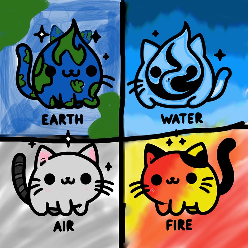 4 cats that represent the different elements, earth, water, air, and fire