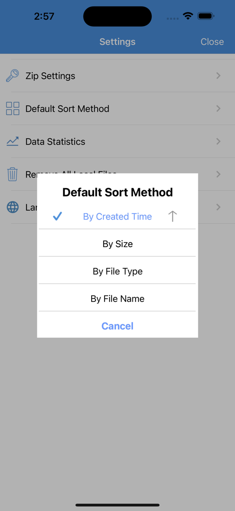 iZip Pro -Zip Unzip Unrar Tool - Pantalla de configuración de iZip Pro mostrando un menú emergente para seleccionar el método de ordenación predeterminado por hora, tamaño, tipo de archivo o nombre