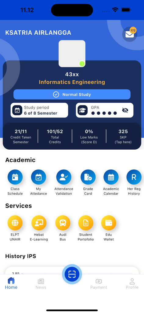 Kampus Kita Mahasiswa - Interface of the Kampus Kita Mahasiswa app showing a student profile with academic performance stats and university services