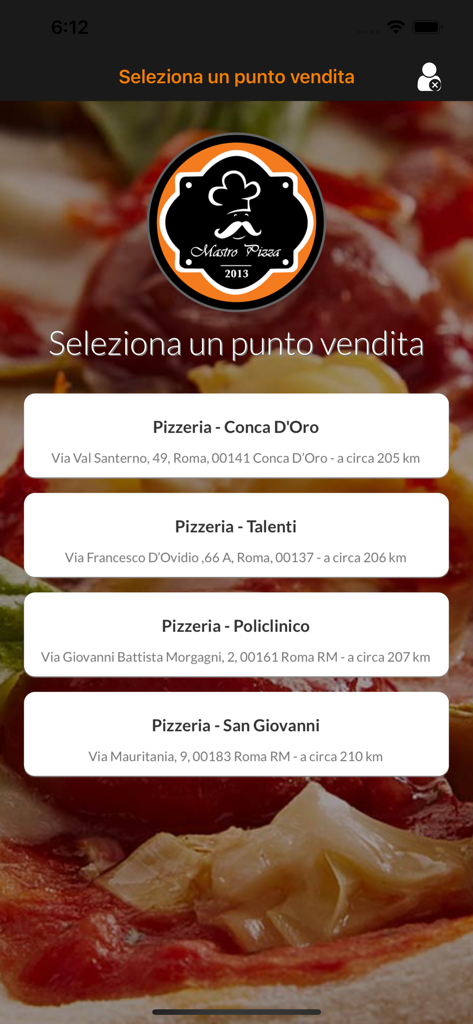 Store selection menu in the Mastro Pizza 2013 app listing four pizzeria locations in Rome